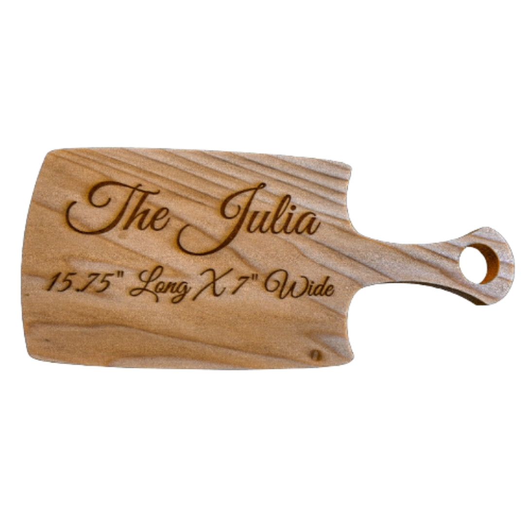 The Julia – Personalized Wooden Cutting Board with Handle, Custom Engraved Charcuterie & Cheese Serving Board (15.75” x 7”)