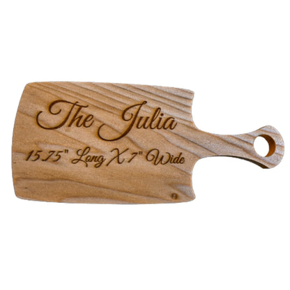 The Julia – Personalized Wooden Cutting Board with Handle, Custom Engraved Charcuterie & Cheese Serving Board (15.75” x 7”)