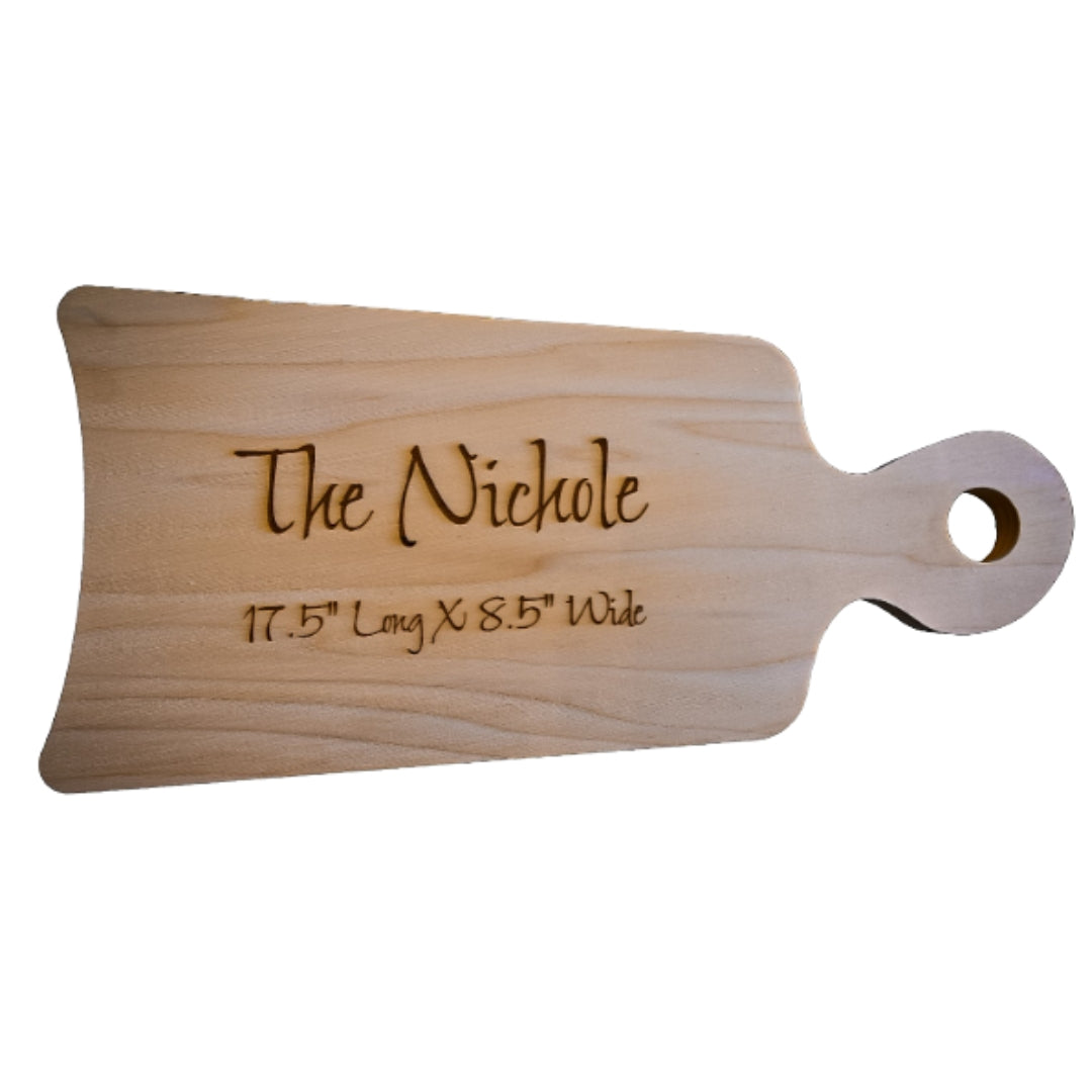 The Nichole – Personalized Wooden Cutting Board with Handle, Custom Engraved Charcuterie & Cheese Serving Board (17.5” x 8.5”)