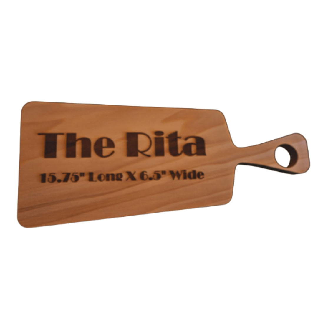 The Rita – Personalized Wooden Cutting Board with Handle, Custom Engraved Charcuterie & Cheese Serving Board (15.75” x 6.5”)