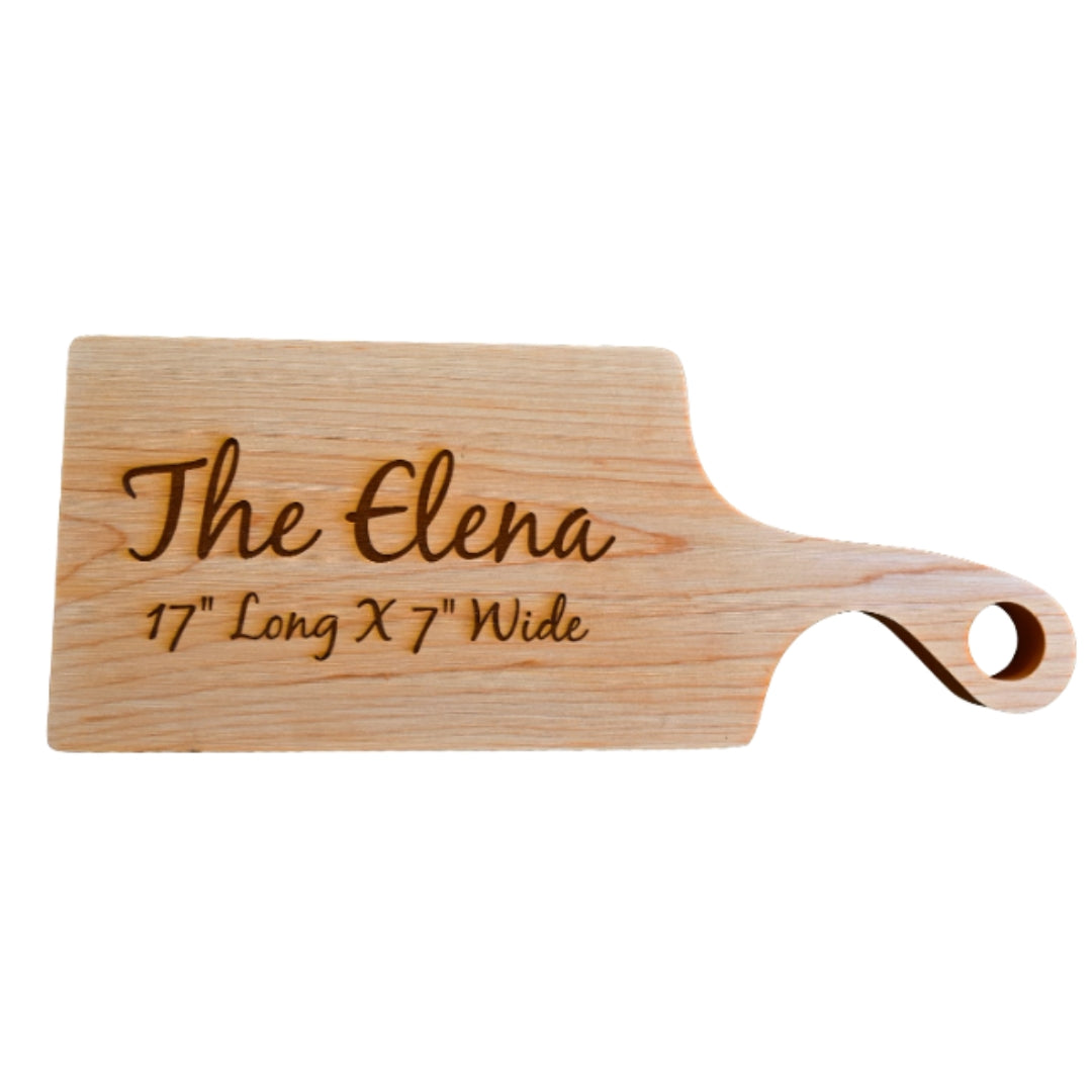 The Elena – Personalized Wooden Cutting Board with Handle, Custom Engraved Charcuterie & Cheese Serving Board (17” x 7”)